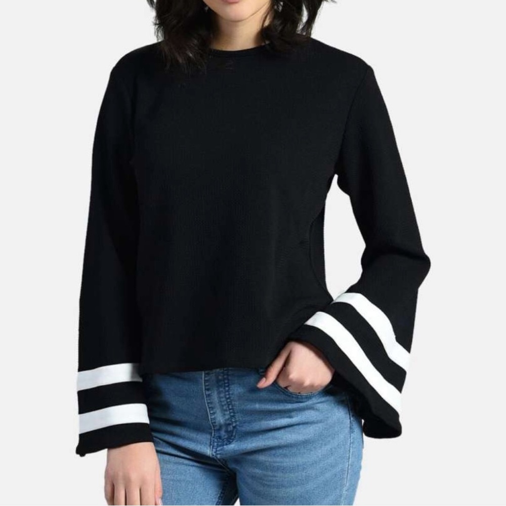 Easther boho long bell sleeve pullover top black grey stripes flair bell cuff L